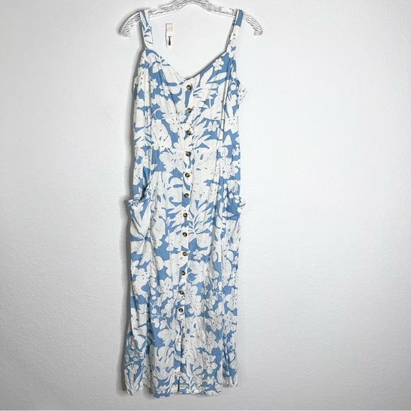 Fat Face Dress Women Size 8 Midi Floral Corey Linen Blue White Sleeveless Y - Picture 1 of 9